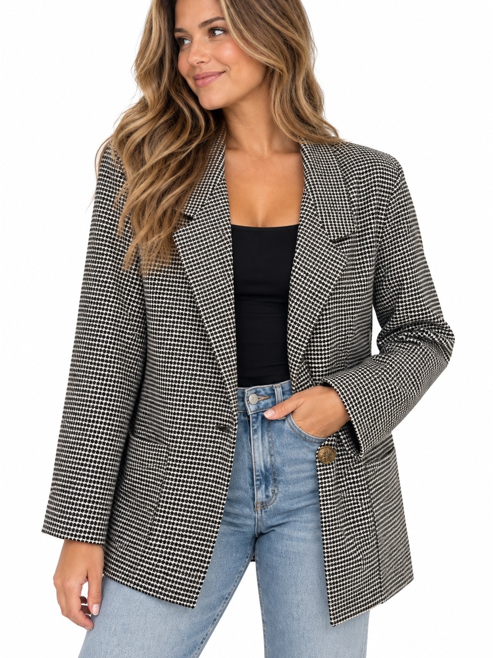Vintage Womens L Black White Houndstooth Blazer Gold Button USA Alabama Bama